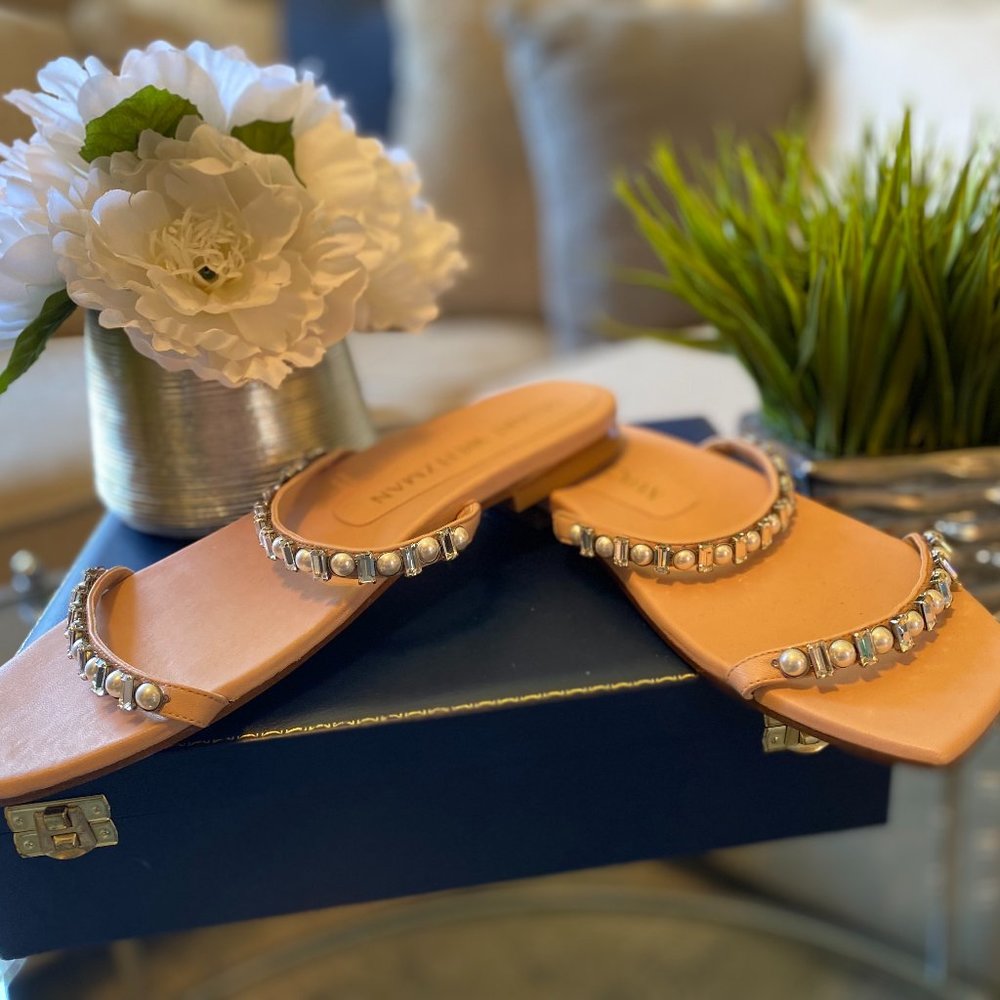 STUART WEITZMAN Light pink leather Aleena Shine pearl-embellished